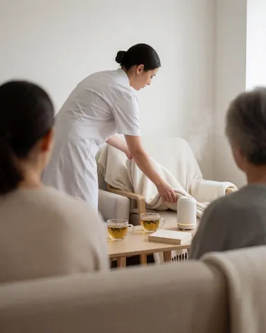 Un membre du personnel ajuste une chaise avec une couverture, une tasse de thé et un livre dans une salle d'attente équipée d'un diffuseur et baignée de lumière naturelle.
