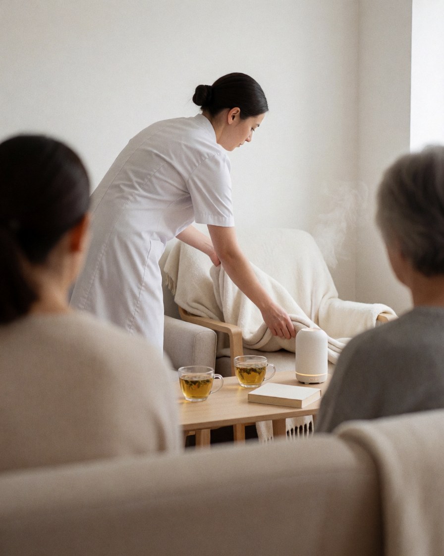 Un membre du personnel ajuste une chaise avec une couverture, une tasse de thé et un livre dans une salle d'attente équipée d'un diffuseur et baignée de lumière naturelle.