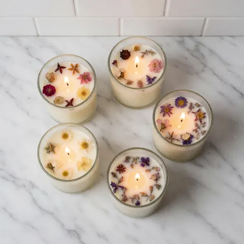 Une bougie parfumée en cire de soja est posée dans un récipient en verre transparent, entourée de fleurs séchées et de pierres de marbre blanc sur une surface claire.