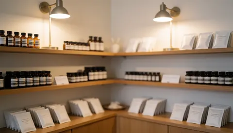 Étagères en bois contenant des bouteilles d'huile essentielle et des sachets blancs, éclairage chaleureux créant une ambiance relaxante idéale pour l'aromathérapie et le bien-être.