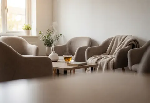 Salle d'attente avec chaises confortables, une tasse de thé, un livre et un diffuseur d'arômes allumé, éclairée par la lumière naturelle d'une fenêtre, ambiance relaxante et calme.