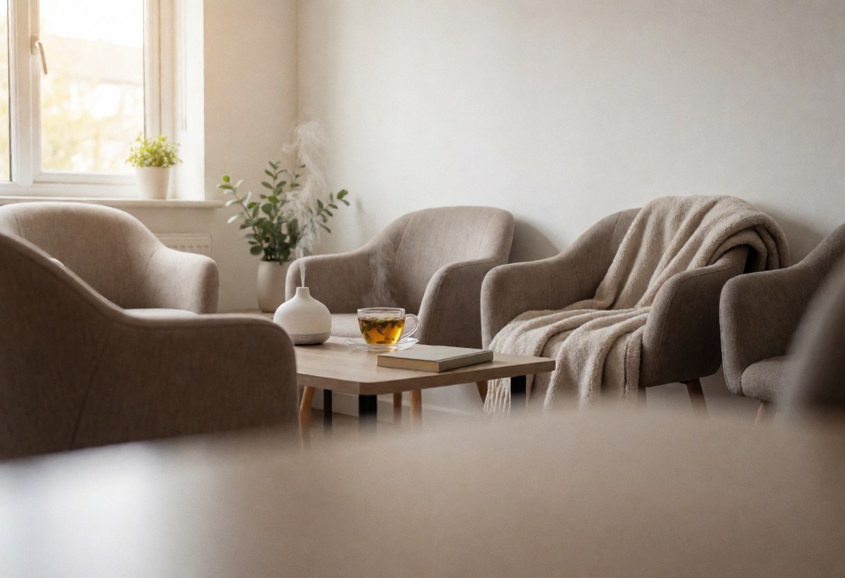 Salle d'attente avec chaises confortables, une tasse de thé, un livre et un diffuseur d'arômes allumé, éclairée par la lumière naturelle d'une fenêtre, ambiance relaxante et calme.