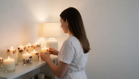 Des bougies parfumées disposées avec des fleurs séchées pour créer une ambiance relaxante et chaleureuse.