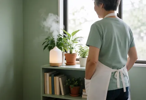 Une thérapeute en aromathérapie observe attentivement un diffuseur émettant du parfum dans un intérieur calme et lumineux.