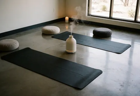 Un espace de méditation apaisant doté d'un diffuseur aromatique émettant de la vapeur, de bougies allumées, d'un coussin de yoga et d'une lumière naturelle douce traversant une fenêtre.