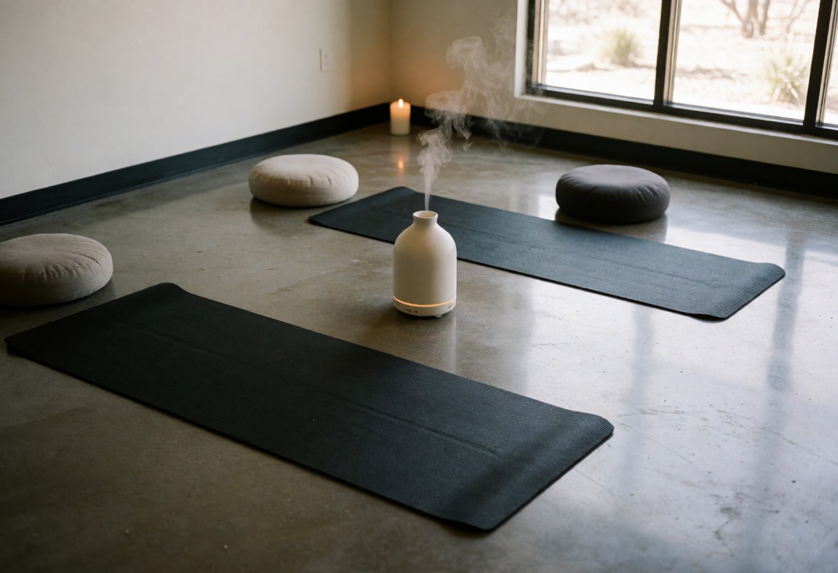 Un espace de méditation apaisant doté d'un diffuseur aromatique émettant de la vapeur, de bougies allumées, d'un coussin de yoga et d'une lumière naturelle douce traversant une fenêtre.