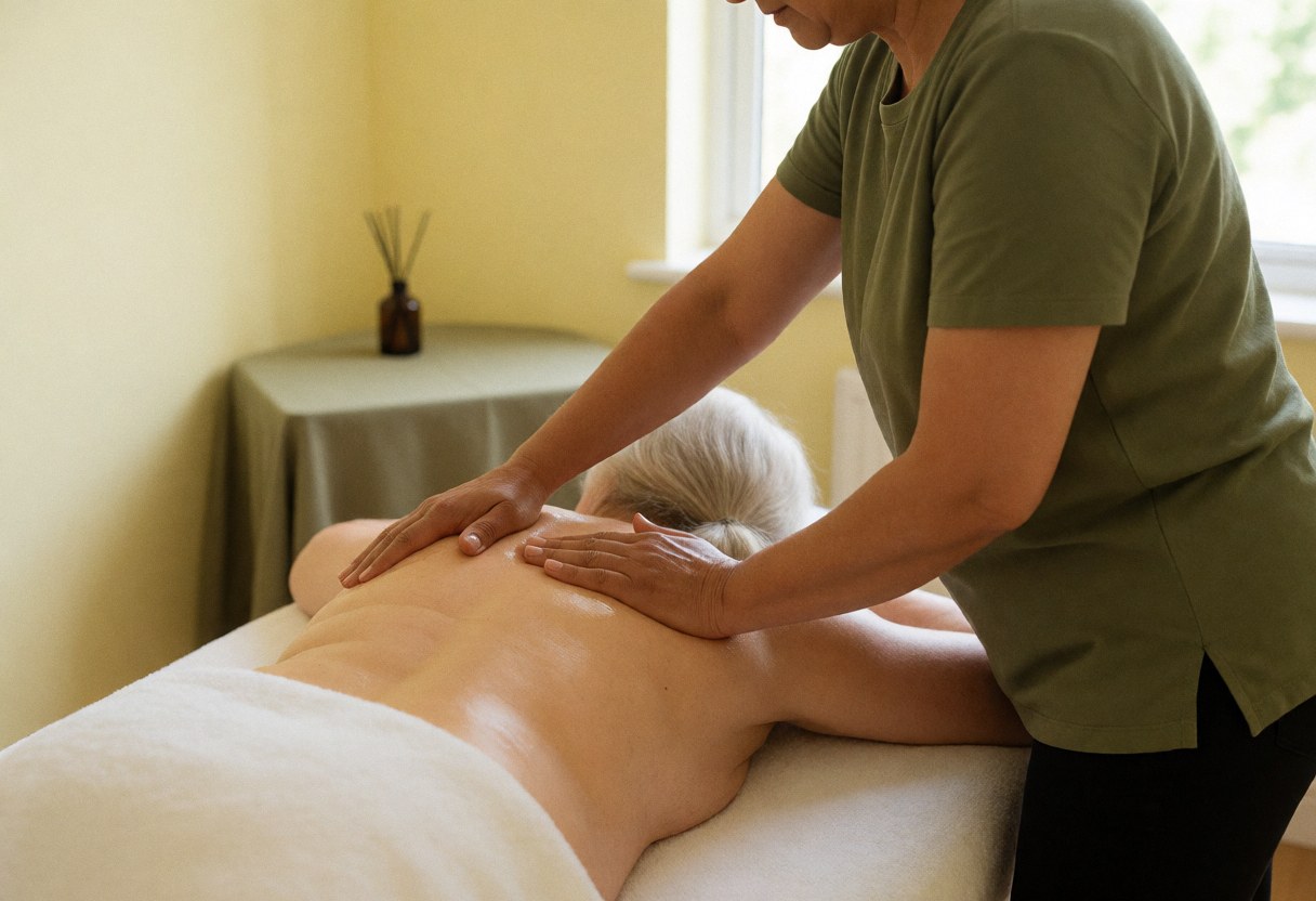 Un thérapeute réalise un massage du dos sur un client allongé sur une table dans une pièce aux murs jaunes avec un diffuseur d'aromathérapie.