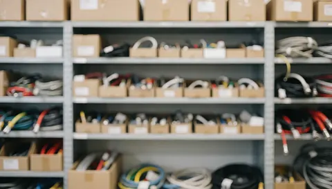 Vue d'un espace de stockage organisé avec des étagères remplies de boîtes, de tuyaux et de câbles sur un fond neutre et flou.