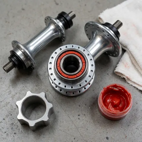 Vue rapprochée de pièces mécaniques de vélo dont un moyeu et une biellette, traitées avec du lubrifiant rouge, posées sur un chiffon propre dans un atelier de réparation.