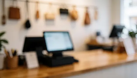 Gros plan sur des mains utilisant un écran tactile posé sur un comptoir en bois, avec des outils et une caisse en arrière-plan.