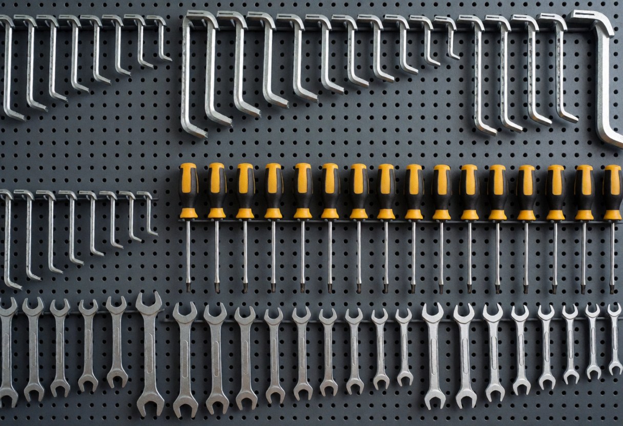 Mur d'outils organisé pour la réparation de vélos avec clés, tournevis et douilles dans un atelier professionnel et propre.