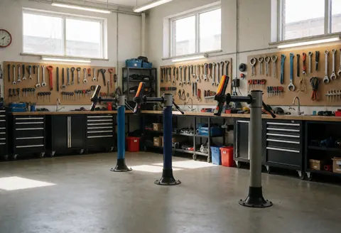 Vue d'un atelier de mécanique automobile propre et bien rangé avec des outils suspendus au mur et une fenêtre laissant entrer la lumière naturelle.