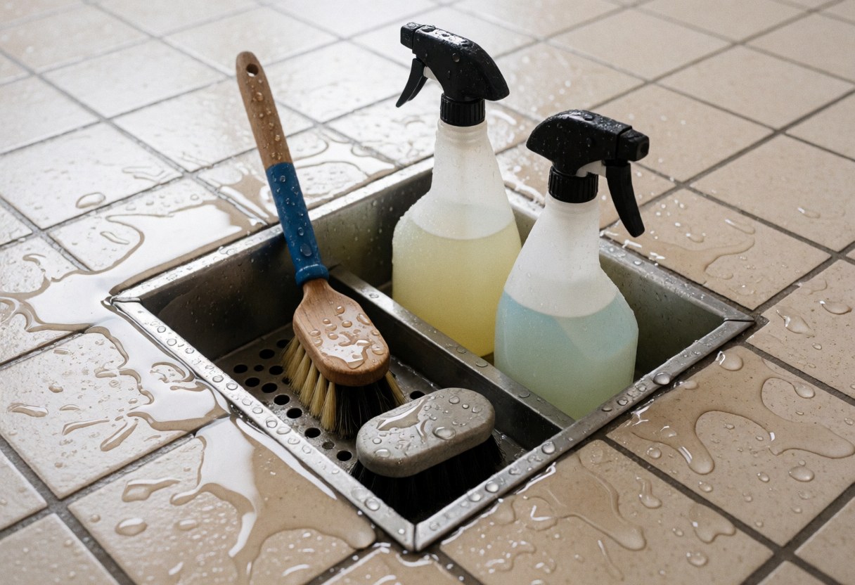 Près d'une pile de nettoyage avec balais et vaporisateurs, idéale pour la réparation de vélos. Le sol carrelé est humide et brillant, avec des gouttes d'eau et une lumière vive qui met en valeur le métal et les outils.