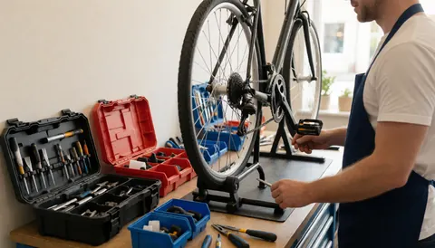 Un mécanicien professionnel répare la chaîne d'un vélo avec des outils dans un atelier baigné de lumière naturelle.