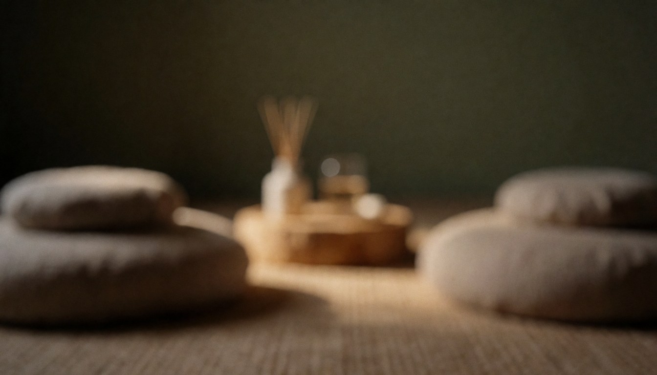 Un espace intérieur apaisant servant de fond, orné de coussins doux, d'un diffuseur d'huiles essentielles et baigné d'une lumière tamisée créant une atmosphère de calme.