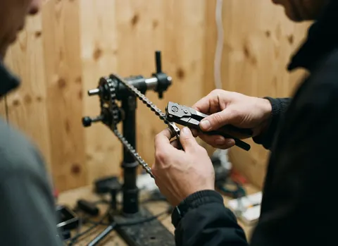 Mains utilisant un outil pour couper une chaîne de vélo dans un atelier aux murs en bois, fond flou et lumière naturelle douce