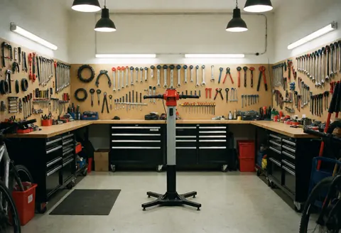 Un atelier de mécanique cycliste propre et bien organisé avec des outils suspendus au mur et un vélo en cours de réparation.