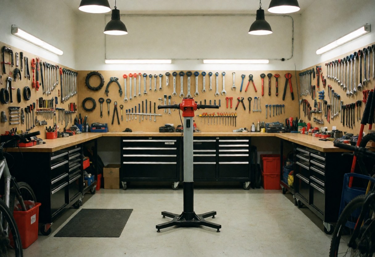 Un atelier de mécanique cycliste propre et bien organisé avec des outils suspendus au mur et un vélo en cours de réparation.