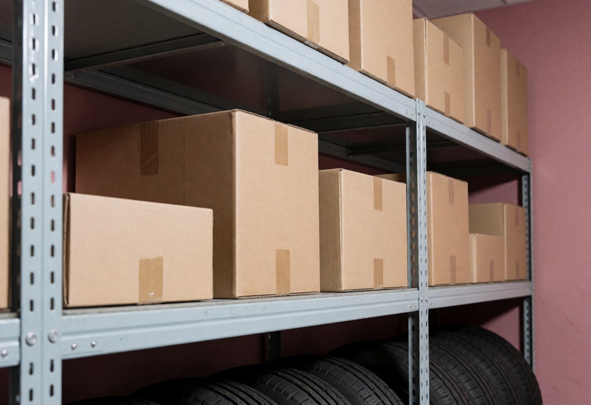 Étagères métalliques contenant des boîtes en carton, des pneus et divers outils organisés dans un atelier professionnel.