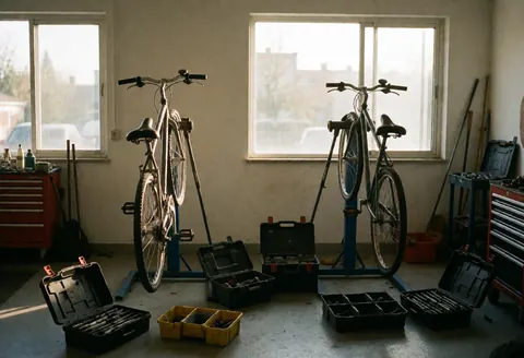 Intérieur d'un atelier de mécanique avec deux vélos sur des supports, outils visibles et poussière dans la lumière entrant par les fenêtres.