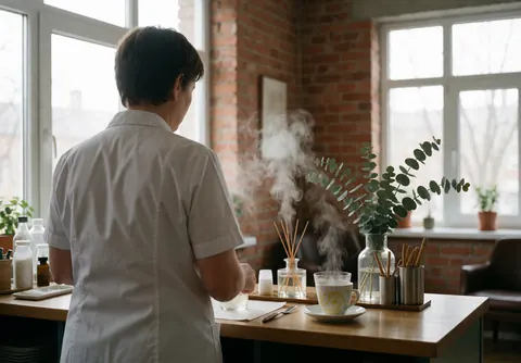 Thérapeute en aromathérapie prépare une station de thé avec un diffuseur d'eucalyptus dans un espace professionnel aux murs de briques et à la lumière naturelle.