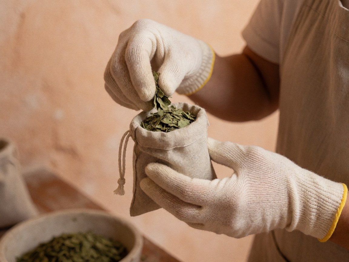 Mains gantées manipulant des feuilles sèches sur un sac en lin pour la préparation artisanale de produits naturels.