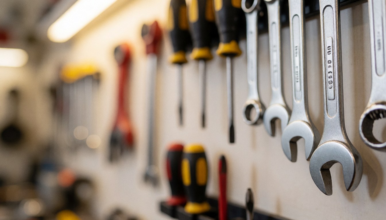 Outils mécaniques accrochés dans un atelier avec éclairage chaud et flou, idéal pour textes et contenu web professionnel.