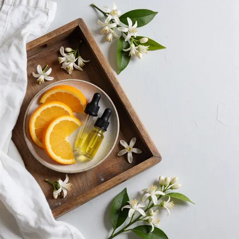 Plateau en bois contenant des oranges fraîches, des huiles essentielles et des fleurs d'oranger, idéal pour l'aromathérapie et le bien-être à domicile.