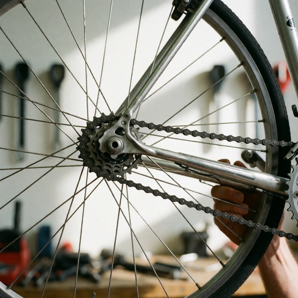 Vue rapprochée d'une nouvelle chaîne de vélo installée sur le vélo, montrant les maillons métalliques brillants et la transmission en bon état.