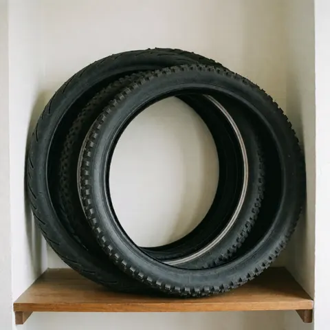 Plusieurs pneus de vélo disposés verticalement sur une étagère en bois clair contre un mur blanc, sous une lumière naturelle.