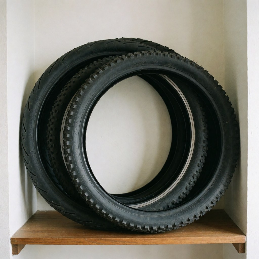 Plusieurs pneus de vélo disposés verticalement sur une étagère en bois clair contre un mur blanc, sous une lumière naturelle.