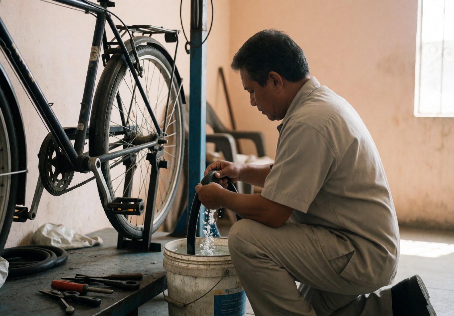 Un mécanicien examine attentivement une chambre à air de vélo immergée dans l'eau pour localiser une fuite d'air lors d'une réparation en atelier.