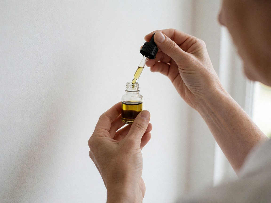 Des mains versent et mélangent des huiles essentielles dans un flacon avec pipette, sur un fond clair et naturel évoquant le bien-être.