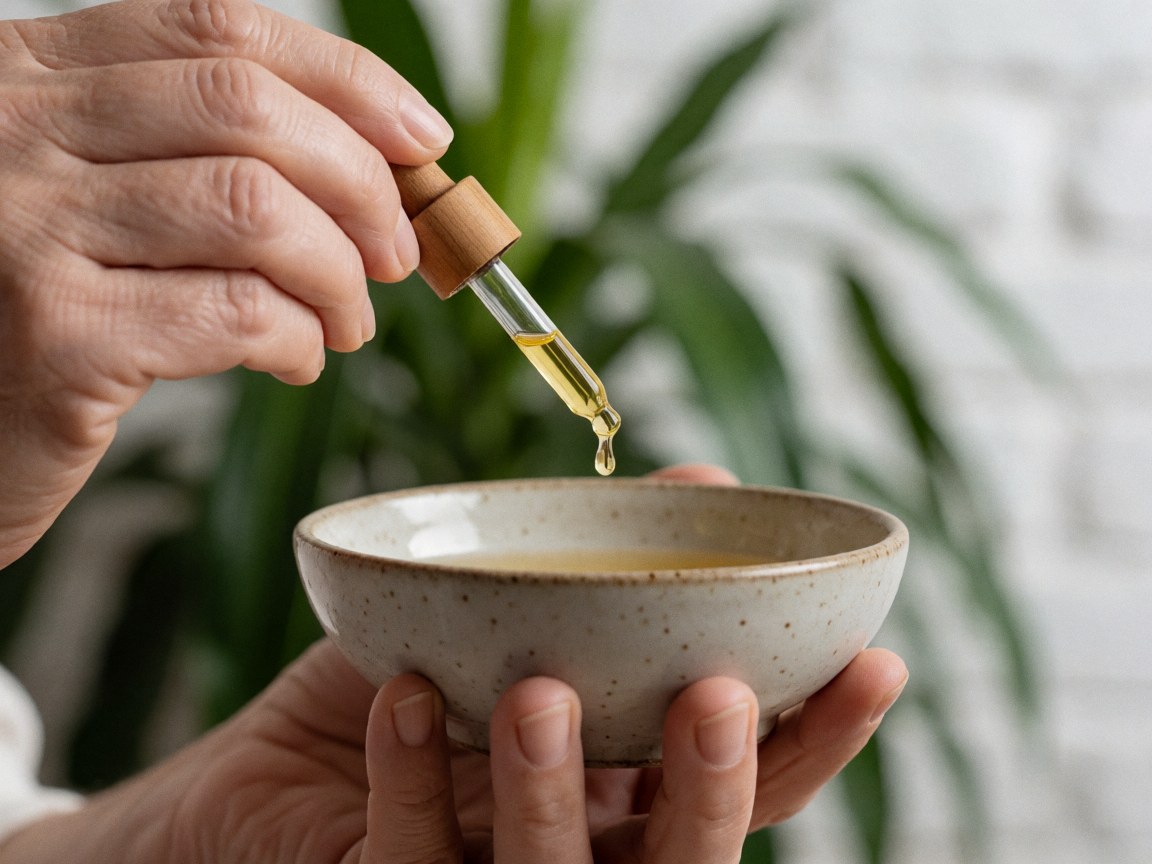 Des gouttes d'huile d'agave tombent d'une pipette en bois dans une tasse en céramique, avec des plantes vertes et un mur de briques blanches en arrière-plan.