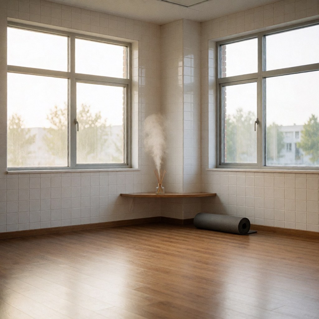 Salle de yoga vide équipée d'un diffuseur d'aromathérapie, d'un tapis enroulé, sur un sol en bois clair avec des murs en céramique blanche baignés de lumière naturelle.