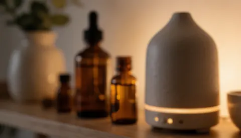 Fond chaleureux avec diffuseur et flacons d'huiles, idéal pour textes d'aromathérapie en studio ou à la maison.