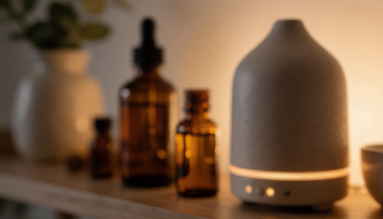 Fond chaleureux avec diffuseur et flacons d'huiles, idéal pour textes d'aromathérapie en studio ou à la maison.