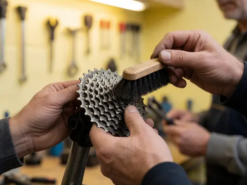Mains utilisant une brosse pour nettoyer le cassette d'un vélo dans un atelier de réparation avec des outils et un mur jaune en arrière-plan flou.