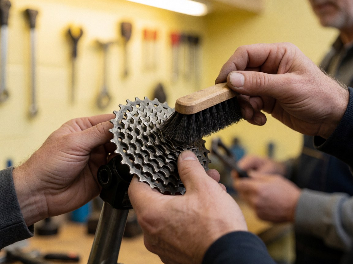 Mains utilisant une brosse pour nettoyer le cassette d'un vélo dans un atelier de réparation avec des outils et un mur jaune en arrière-plan flou.