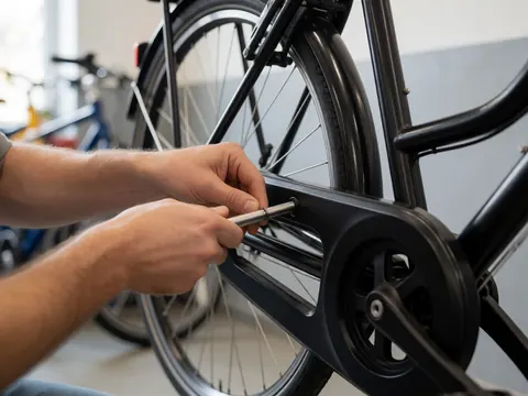 Prise de détail montrant les mains d'un professionnel manipulant une pièce métallique sur un vélo noir en atelier.