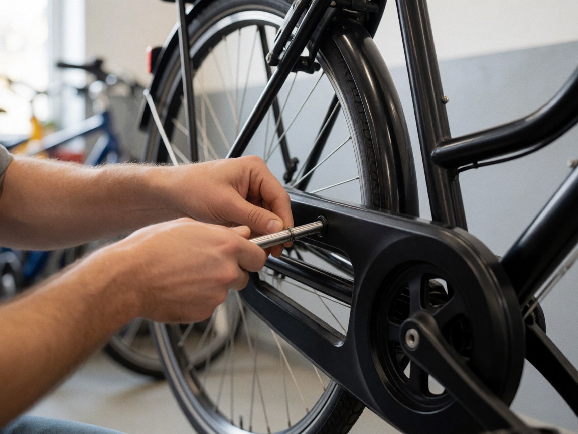 Prise de détail montrant les mains d'un professionnel manipulant une pièce métallique sur un vélo noir en atelier.