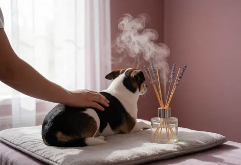 Un chien se détend pendant une séance d'aromathérapie à la lavande, caressé doucement par une main dans une pièce calme et accueillante.