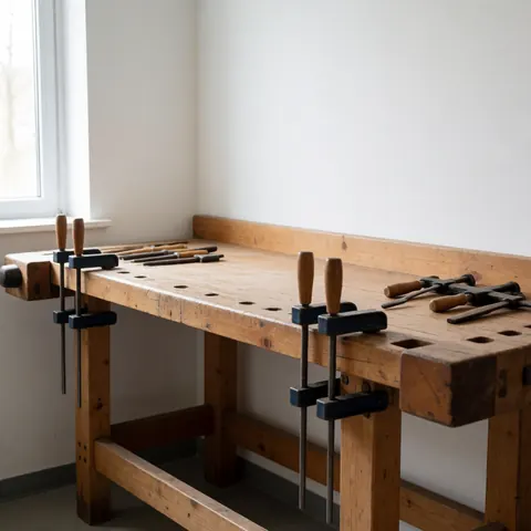 Vue rapprochée d'un banc d'atelier en bois massif avec des outils de menuiserie disposés sur sa surface, évoquant le travail artisanal et la réparation professionnelle.