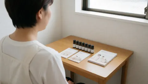 Thérapeute en aromathérapie avec des flacons d'huiles essentielles et des brochures sur une table en bois, éclairage naturel, espace pour titre.