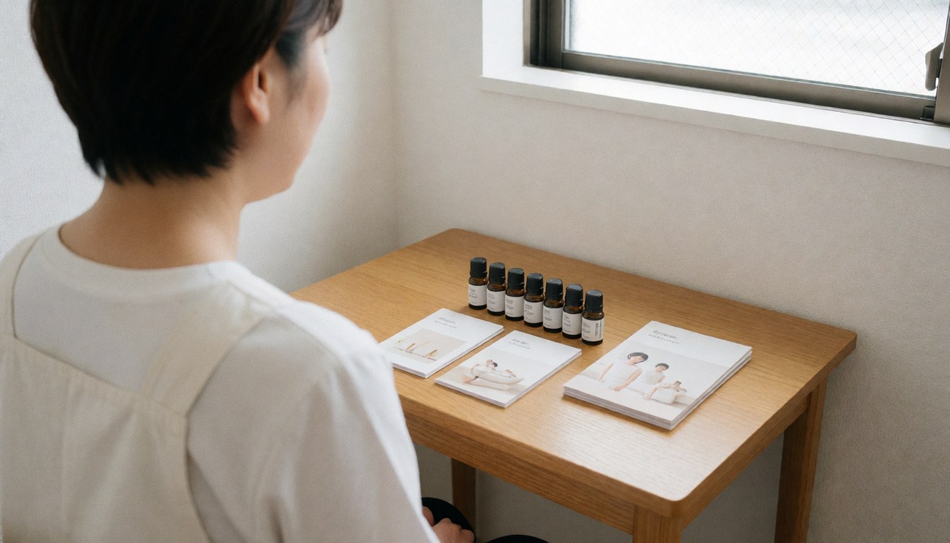 Thérapeute en aromathérapie avec des flacons d'huiles essentielles et des brochures sur une table en bois, éclairage naturel, espace pour titre.