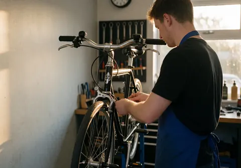 Un mécanicien professionnel inspecte attentivement les composants du système de freinage d'un vélo dans son atelier.