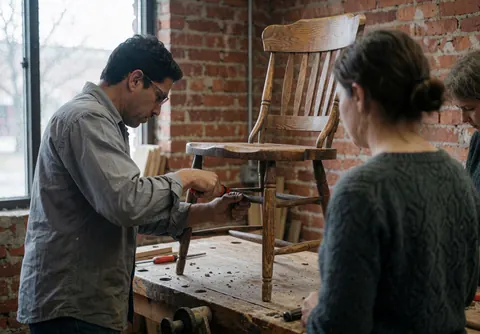 Un menuisier répare une chaise en bois avec un tournevis sur une table de travail devant un mur de briques, deux personnes observent le travail.