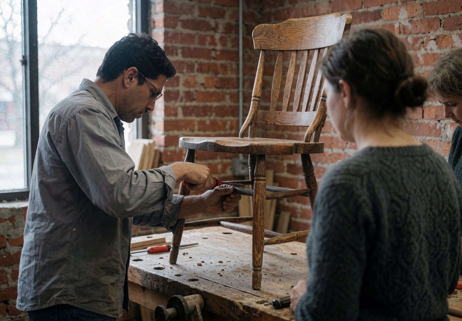 Un menuisier répare une chaise en bois avec un tournevis sur une table de travail devant un mur de briques, deux personnes observent le travail.