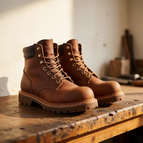Paire de bottes en cuir réparées posées sur un établi en bois dans un atelier, éclairage chaud mettant en valeur la durabilité et le travail artisanal.