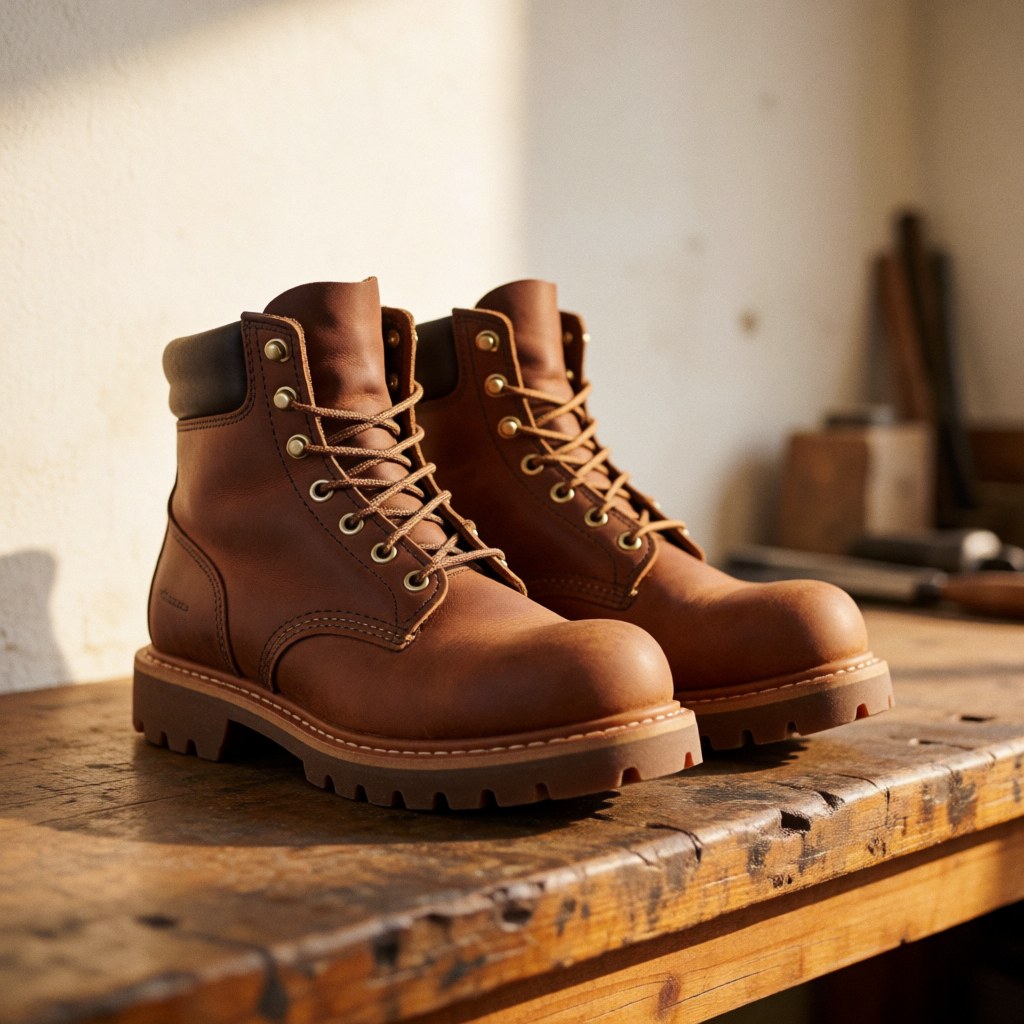 Paire de bottes en cuir réparées posées sur un établi en bois dans un atelier, éclairage chaud mettant en valeur la durabilité et le travail artisanal.